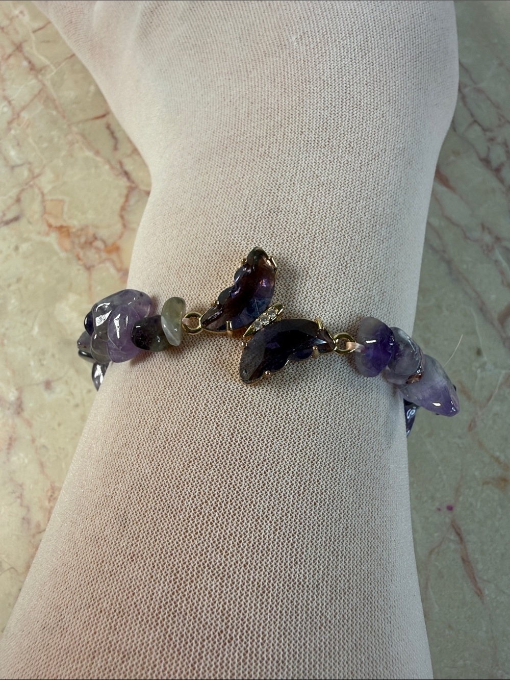Amethyst Butterfly & Leaf Link Bracelet - Purple Gemstone Jewelry